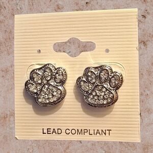 NWT Crystal Paw Print Stud Earrings Approx .75" Silver Tone Lead-free Giftable